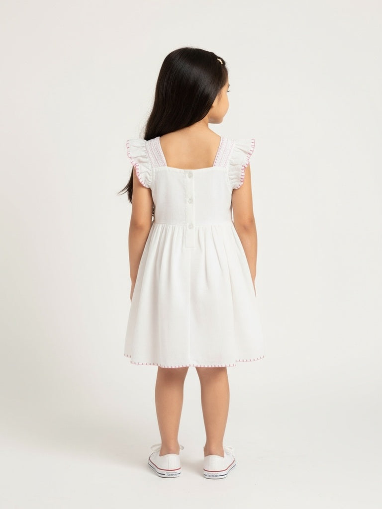 HOP Kids White Embroidered Cotton A-Line Dress