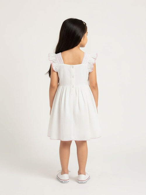 HOP Kids White Embroidered Cotton A-Line Dress