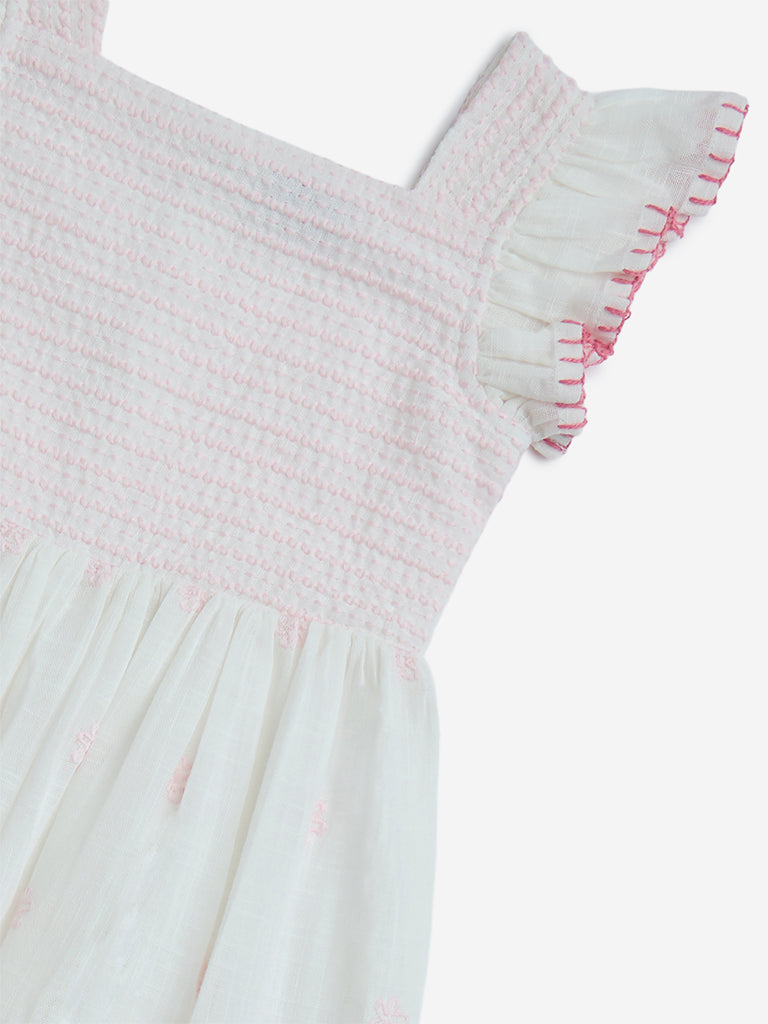 HOP Kids White Embroidered Cotton A-Line Dress