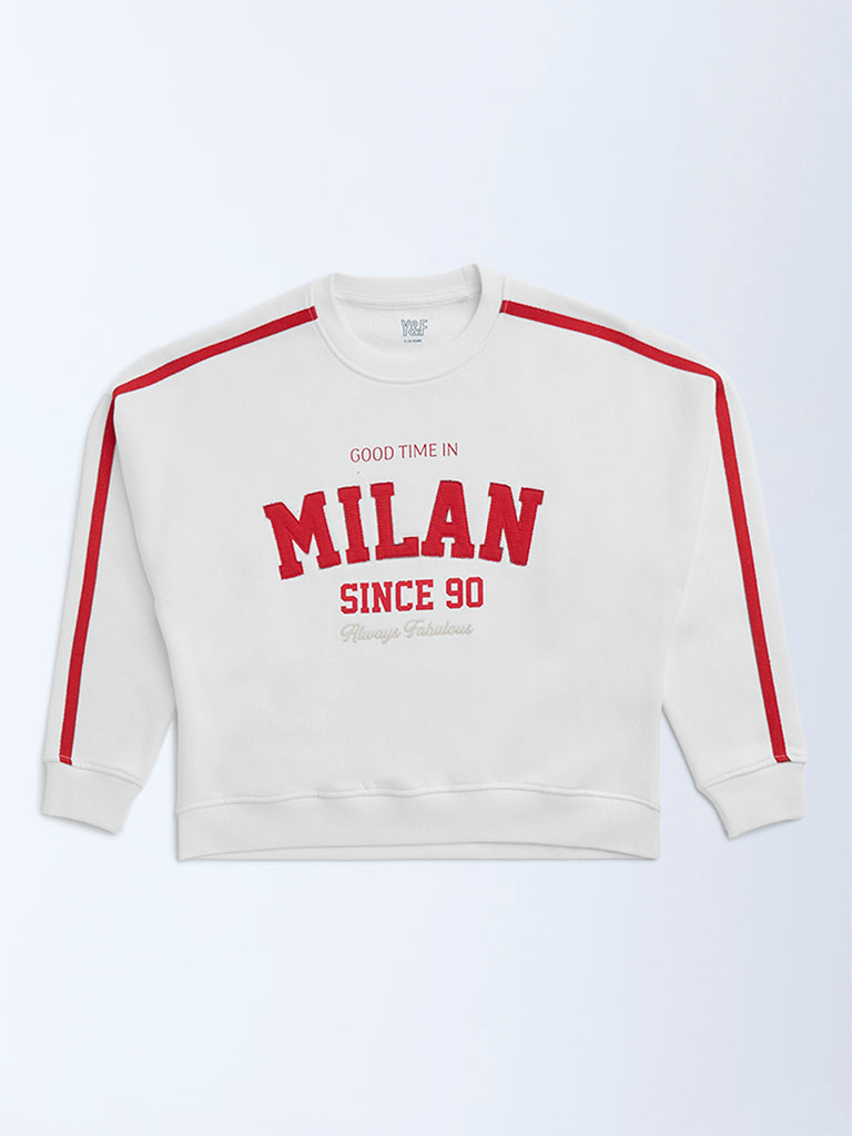 Y&F Kids White Text Printed Cotton-Blend Sweatshirt