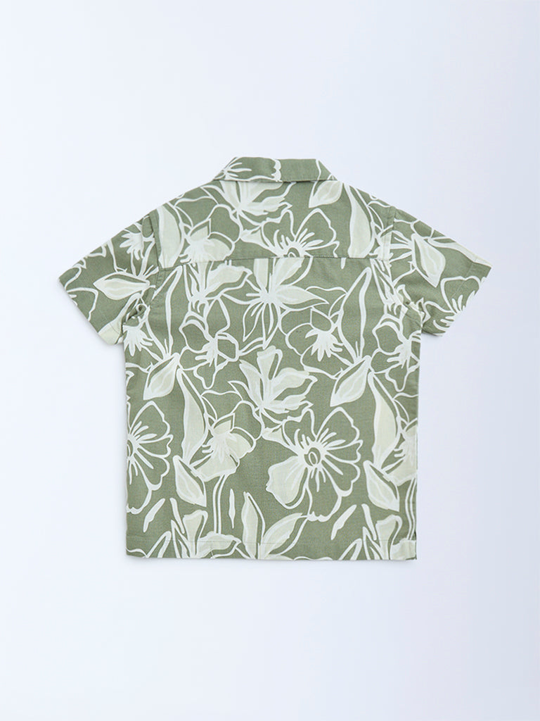 HOP Kids Kids Olive Floral Design Cotton Shirt