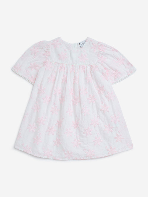 HOP Kids Pink Floral Embroidered Cotton A-Line Dress