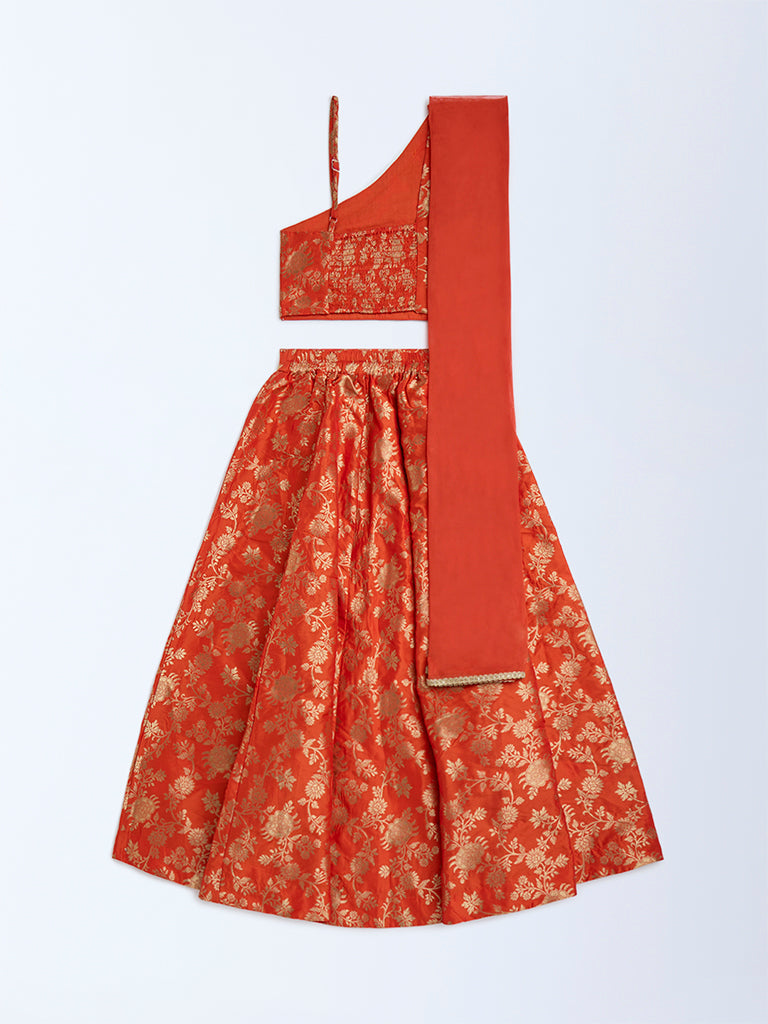 Utsa Kids Orange Floral Ghagra, Choli and Dupatta Set - (8-14yrs)