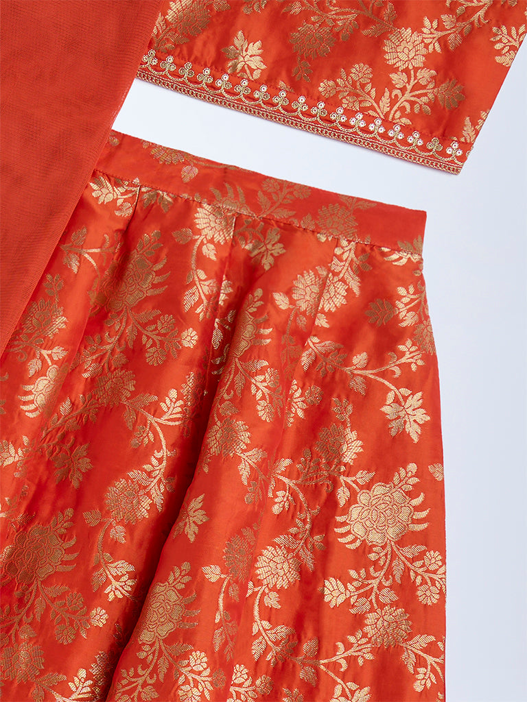 Utsa Kids Orange Floral Ghagra, Choli and Dupatta Set - (8-14yrs)
