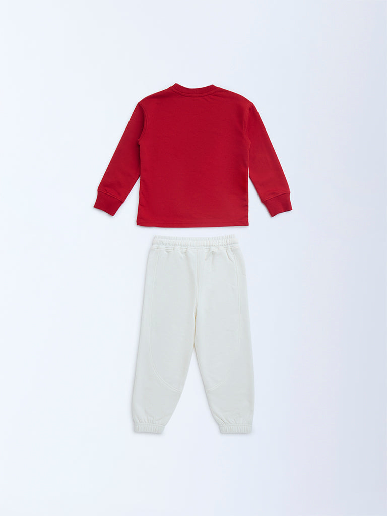 HOP Kids Red Printed Cotton-Blend Sweatshirt and Joggers Set