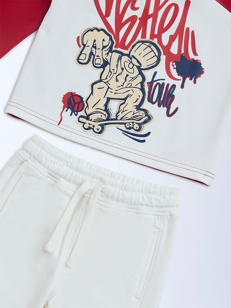 HOP Kids Red Printed Cotton-Blend Sweatshirt and Joggers Set