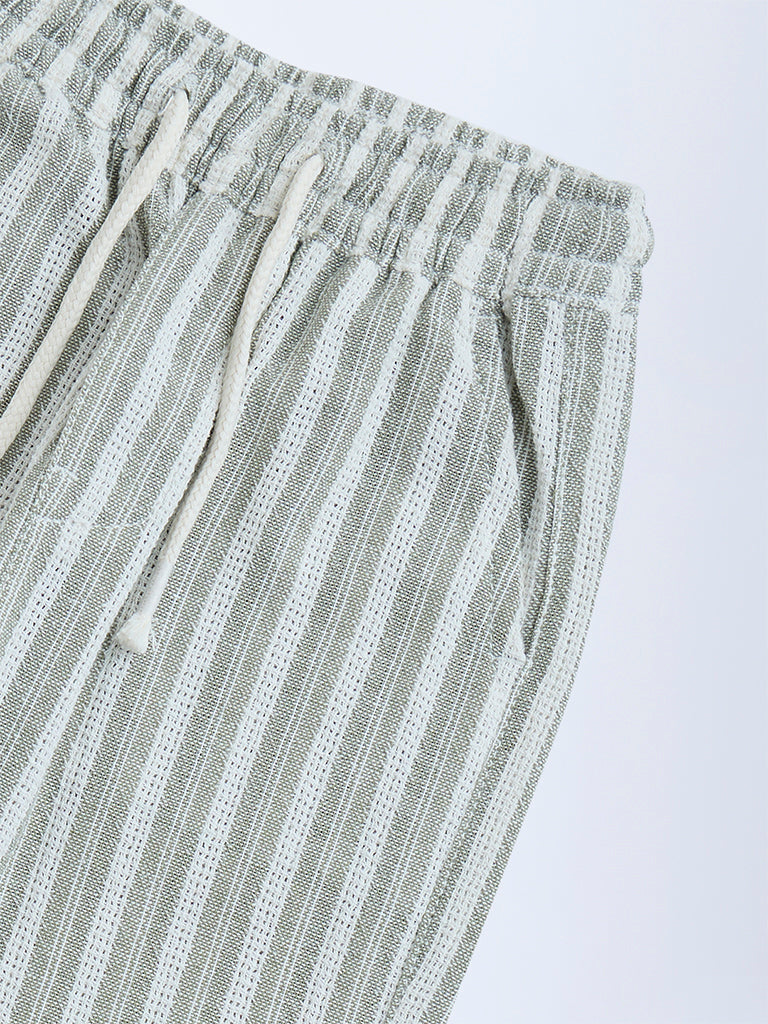HOP Kids Olive Striped Mid-Rise Cotton Trousers