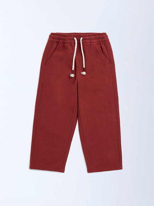 HOP Kids Rust Solid Mid-Rise Cotton Trousers