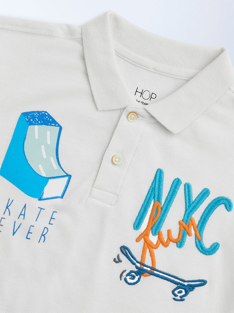 HOP Off-White Cityscape-Inspired Cotton Polo T-Shirt