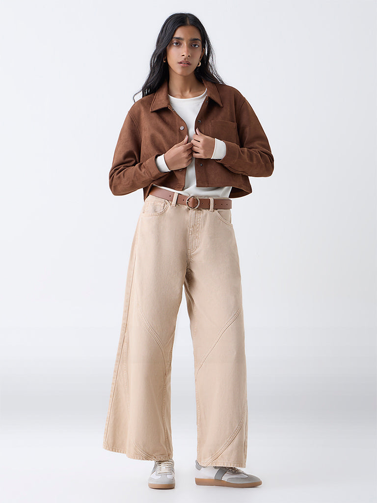 Nuon Brown Solid Suede Jacket