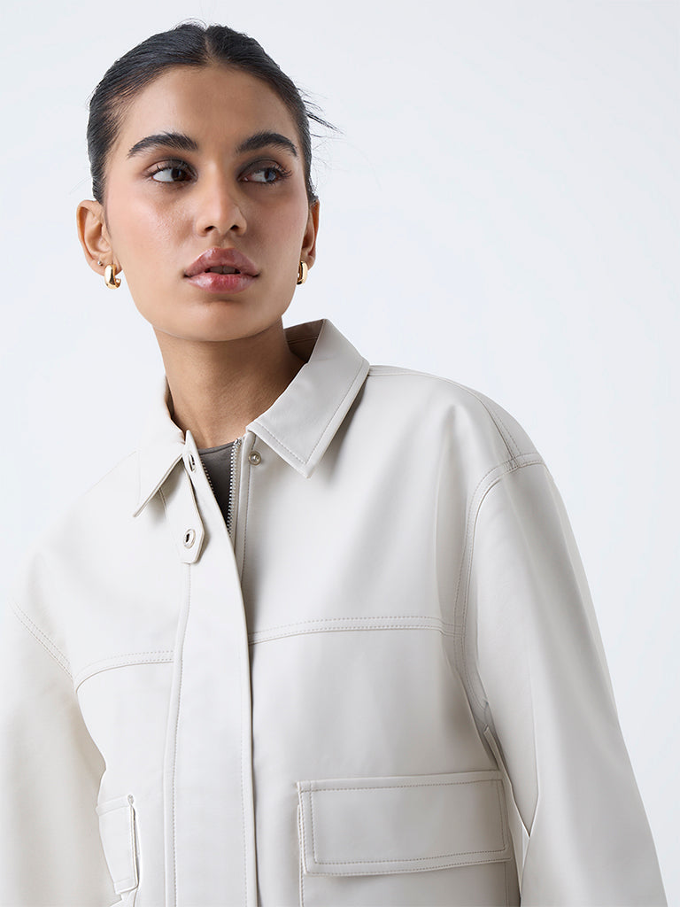 Nuon Off-White Solid Faux-Leather Jacket