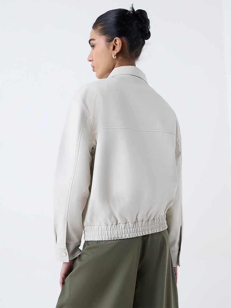 Nuon Off-White Solid Faux-Leather Jacket