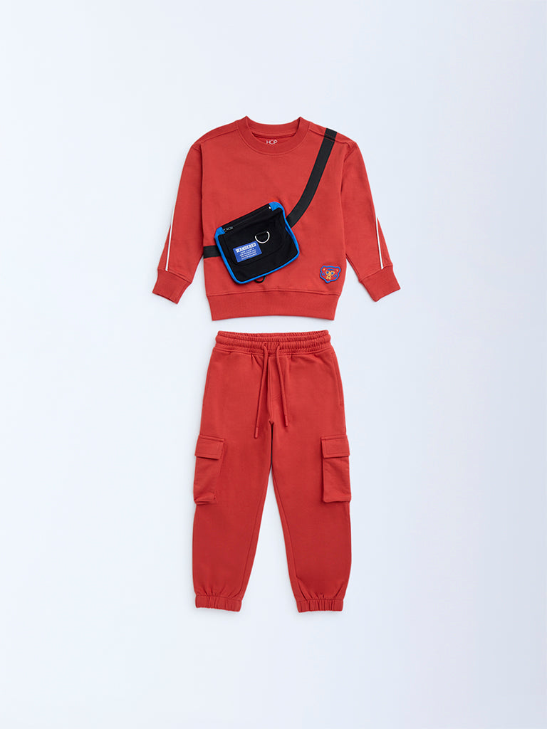 HOP Kids Red Cotton Sweatshirt with Joggers Set