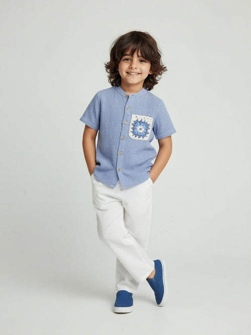 HOP Kids Kids Dusty Blue Crinkle-Textured Cotton Shirt
