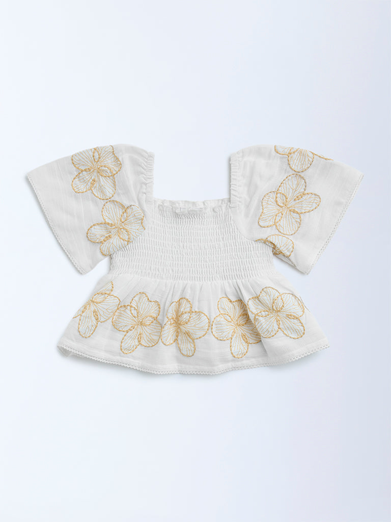 HOP Kids White Floral Embroidered Smocked Cotton Top