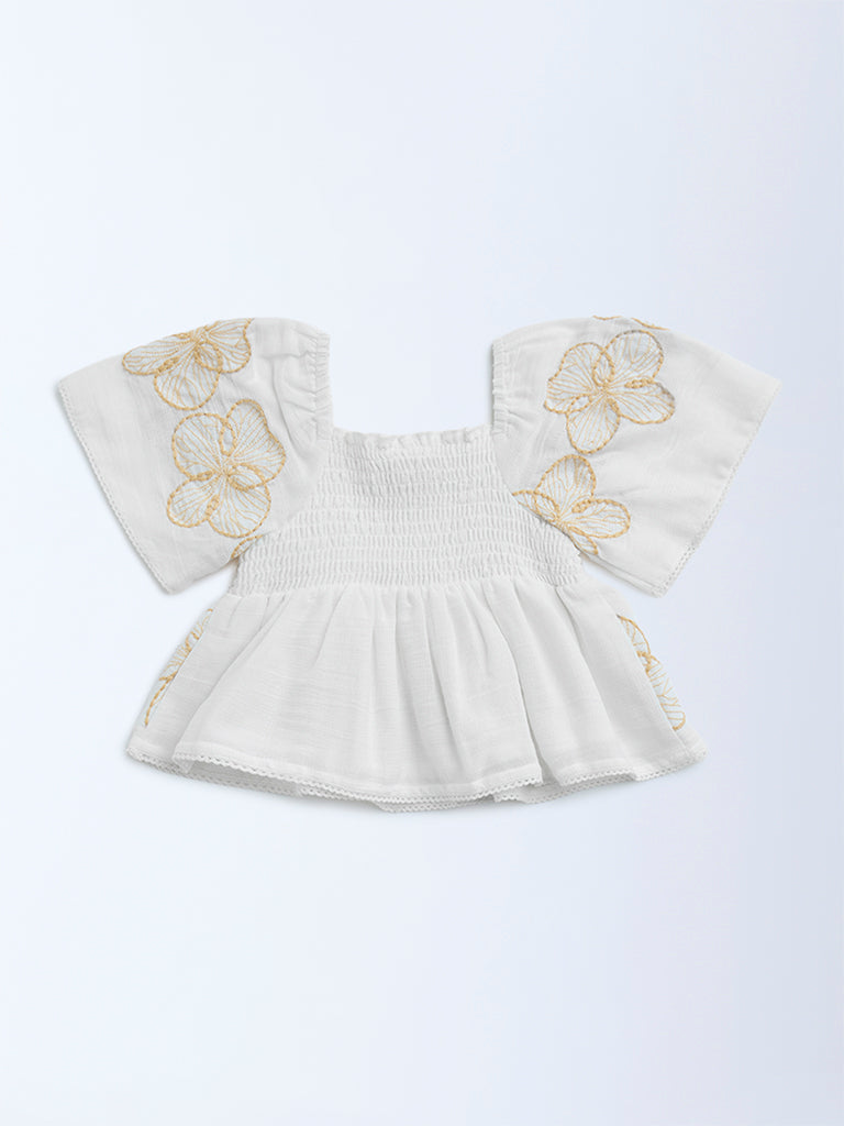 HOP Kids White Floral Embroidered Smocked Cotton Top