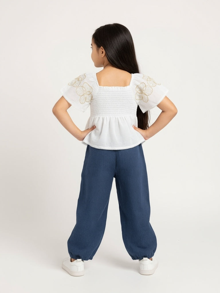 HOP Kids White Floral Embroidered Smocked Cotton Top