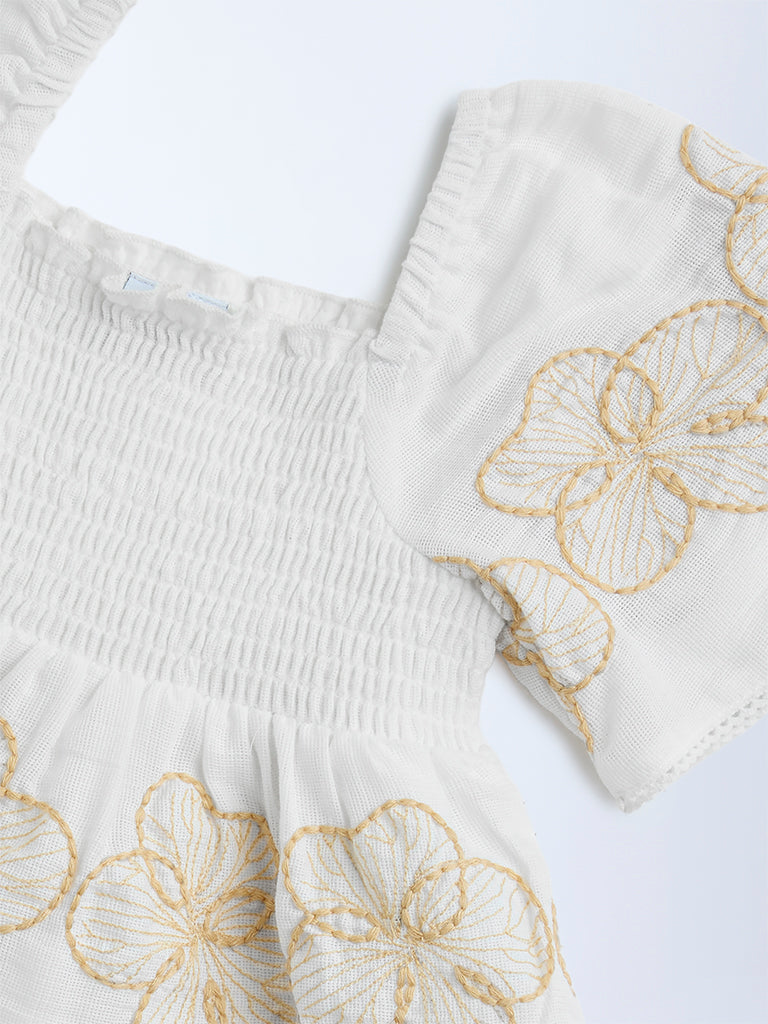 HOP Kids White Floral Embroidered Smocked Cotton Top