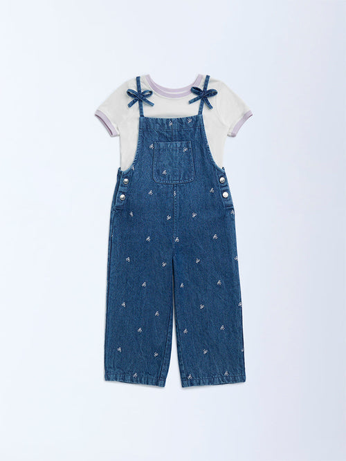 HOP Kids Blue Embroidered Denim Dungaree with T-Shirt Set