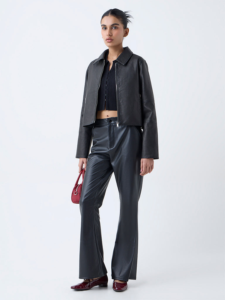 Nuon Black Solid Faux-Leather Jacket