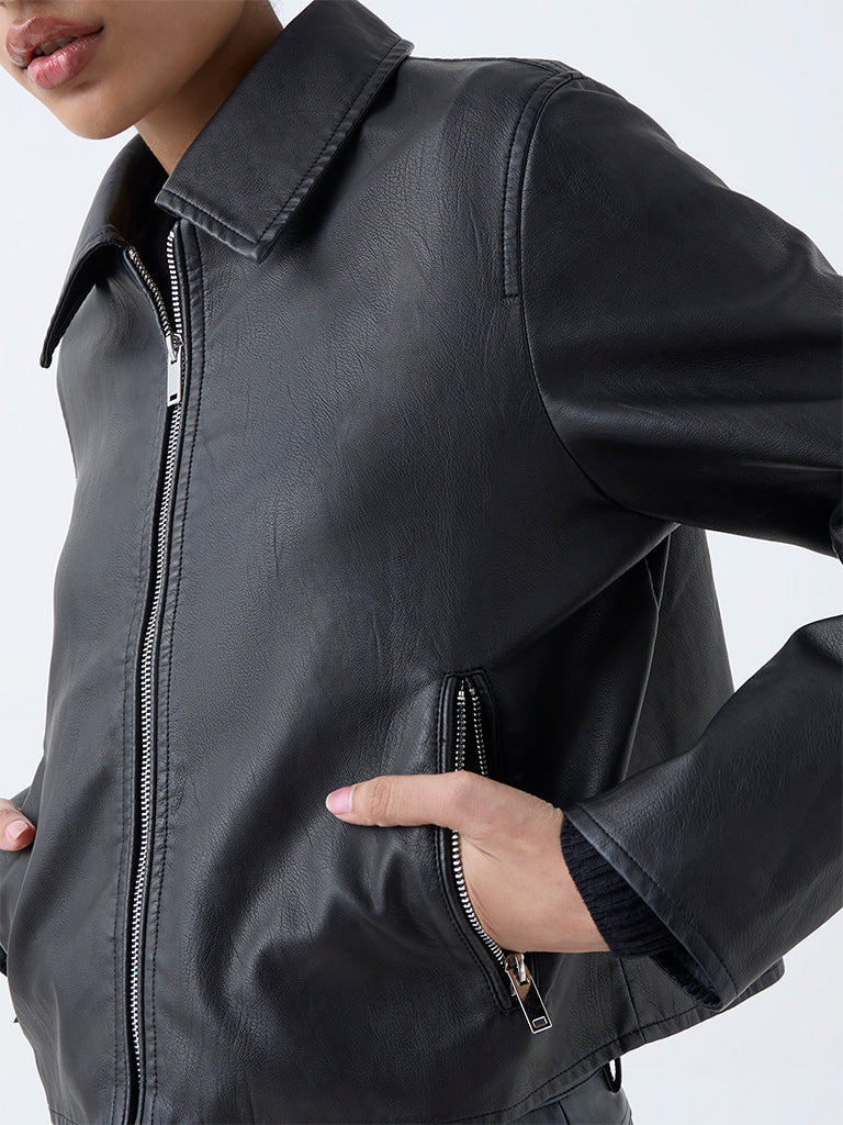 Nuon Black Solid Faux-Leather Jacket