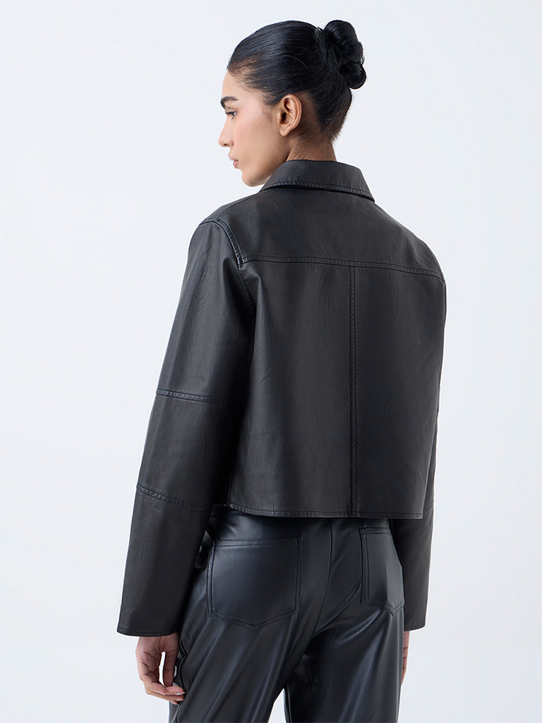 Nuon Black Solid Faux-Leather Jacket