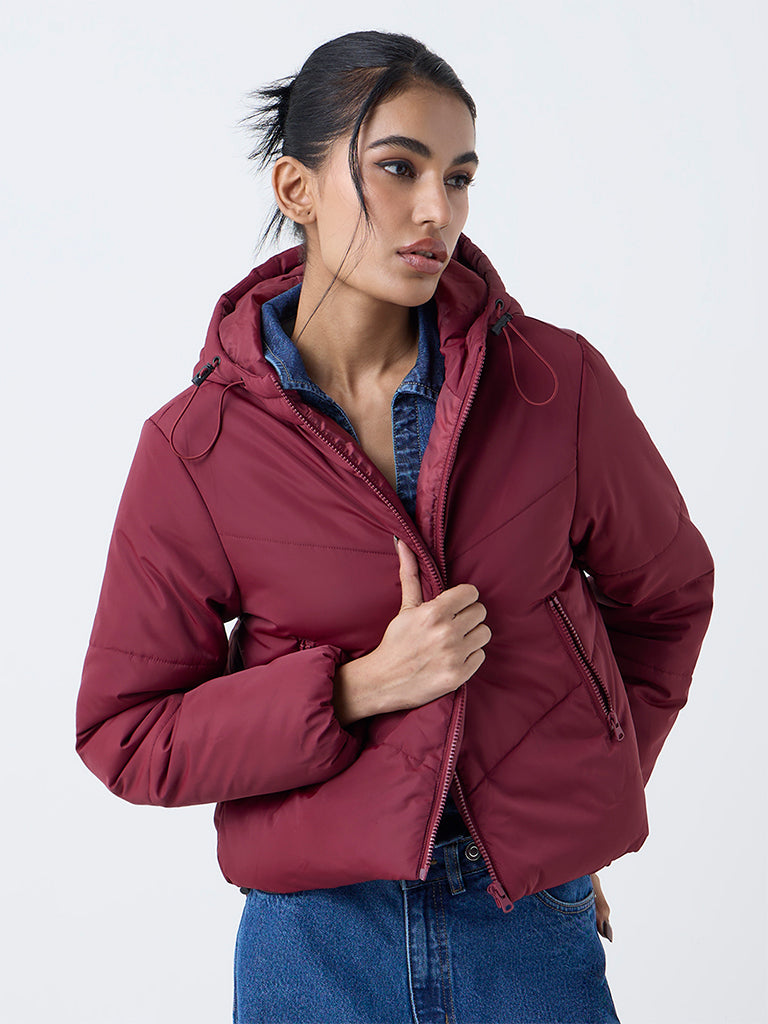 Nuon Burgundy Hooded Puffer Jacket