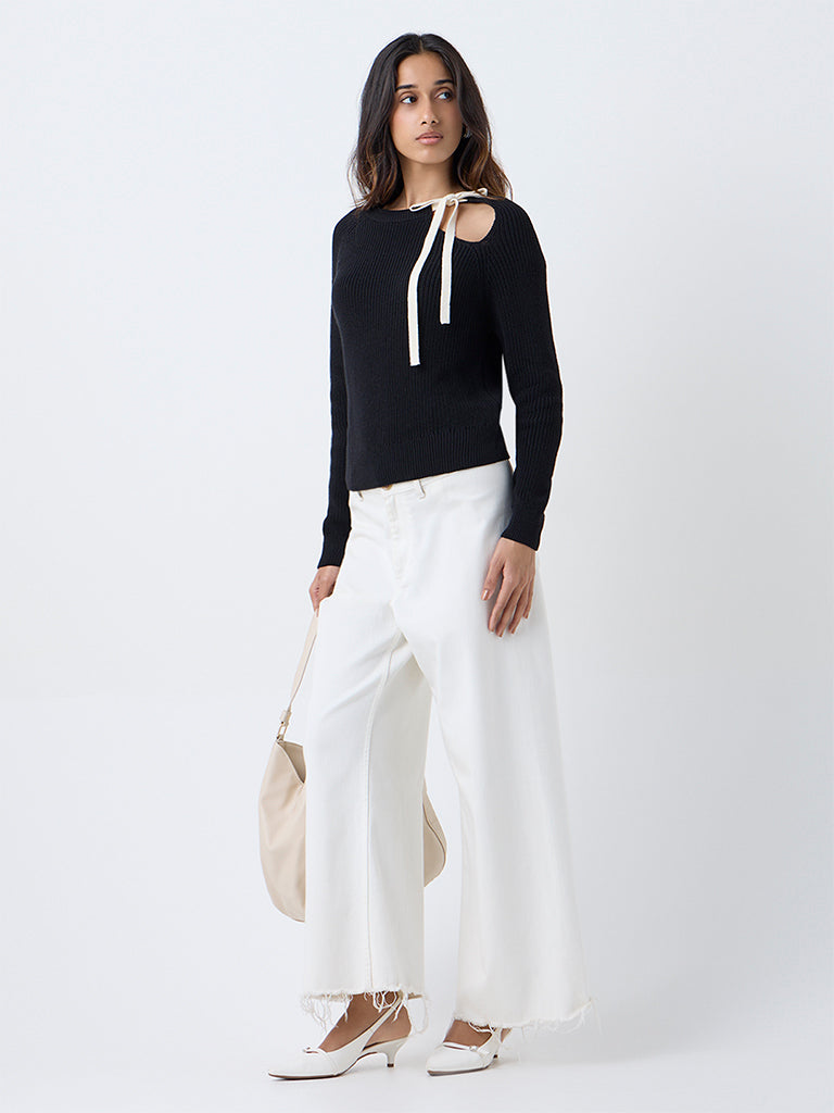 LOV Black Knitted Bow-Detail Cotton-Blend Sweater