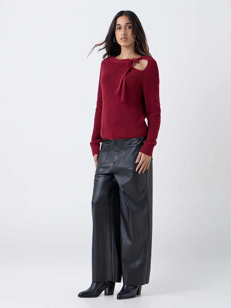 LOV Burgundy Knitted Bow-Detail Cotton-Blend Sweater