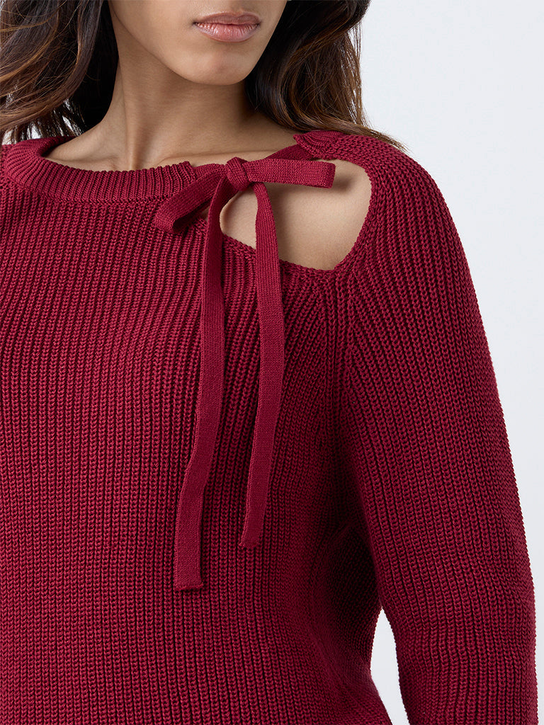 LOV Burgundy Knitted Bow-Detail Cotton-Blend Sweater