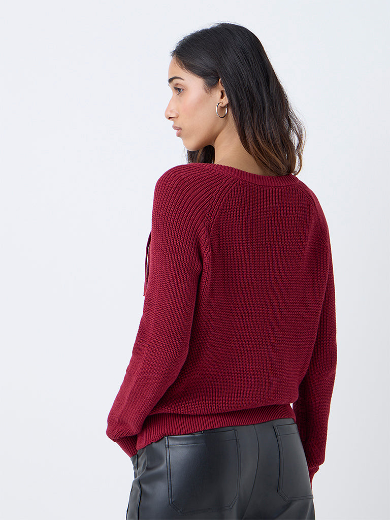 LOV Burgundy Knitted Bow-Detail Cotton-Blend Sweater