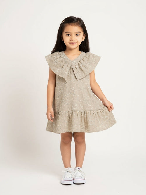 HOP Kids Brown Floral Embroidered Cotton A-Line Dress