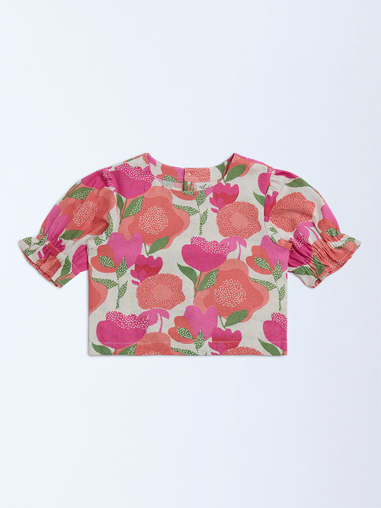 Utsa Kids Pink Foliage Design Cotton-Blend Ethnic Top - (2-8yrs)