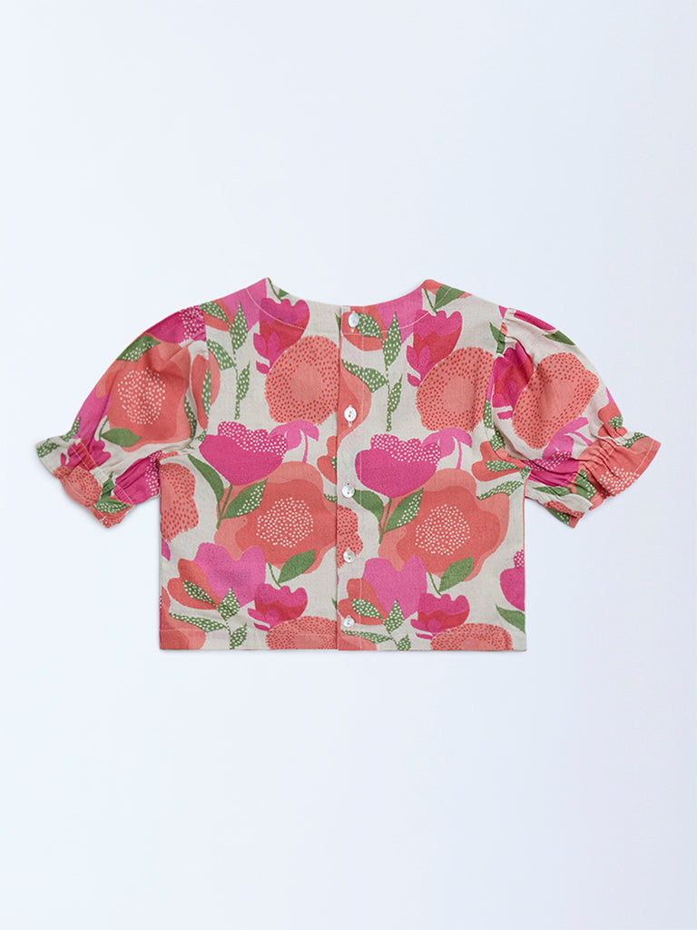 Utsa Kids Pink Foliage Design Cotton-Blend Ethnic Top - (2-8yrs)