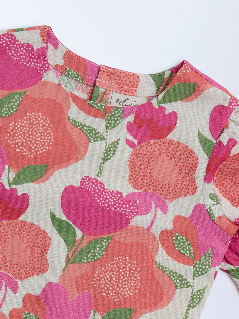 Utsa Kids Pink Foliage Design Cotton-Blend Ethnic Top - (2-8yrs)