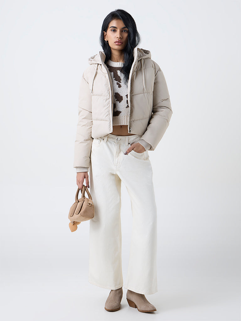 Nuon Beige Hooded Quilted Puffer Jacket