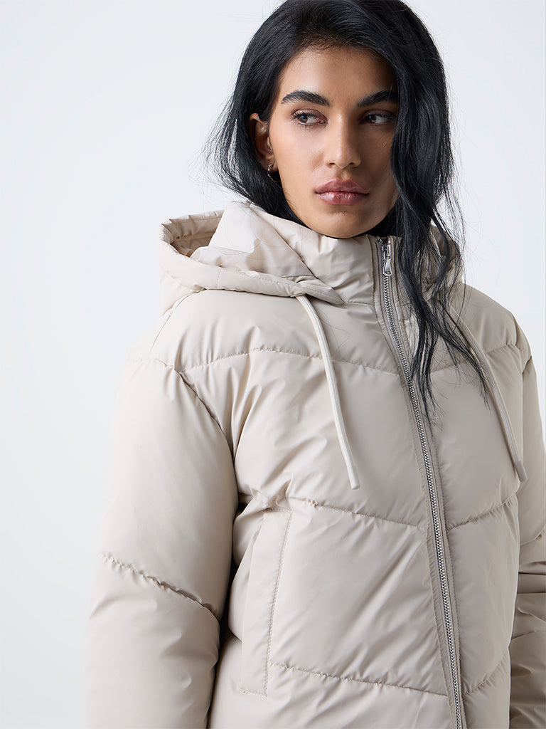 Nuon Beige Hooded Quilted Puffer Jacket