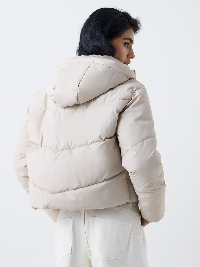 Nuon Beige Hooded Quilted Puffer Jacket