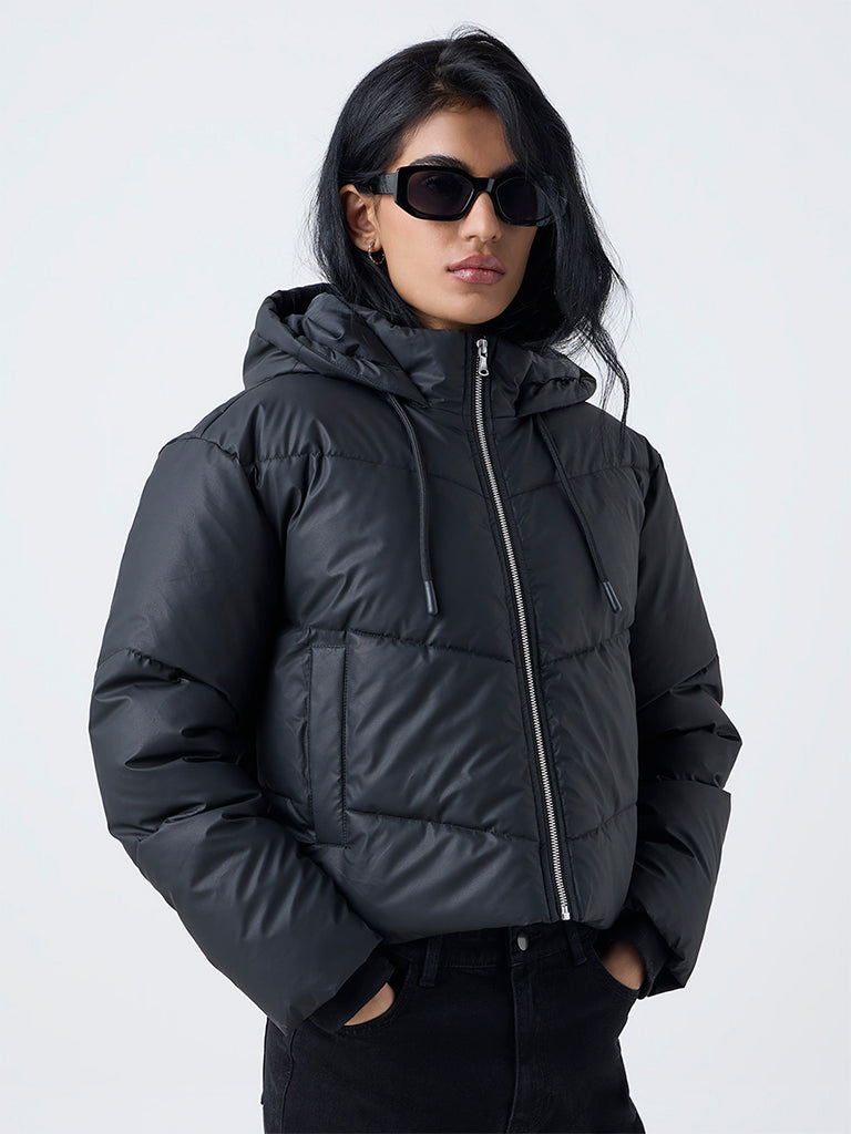 Nuon Black Hooded Quilted Puffer Jacket