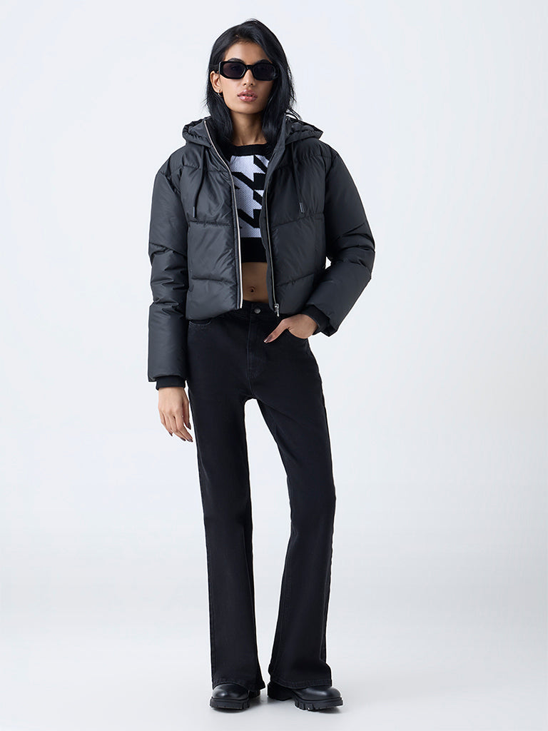 Nuon Black Hooded Quilted Puffer Jacket