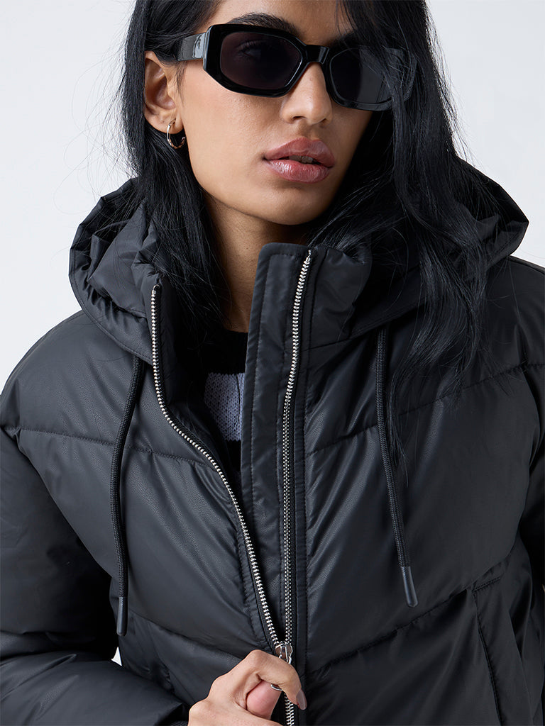 Nuon Black Hooded Quilted Puffer Jacket