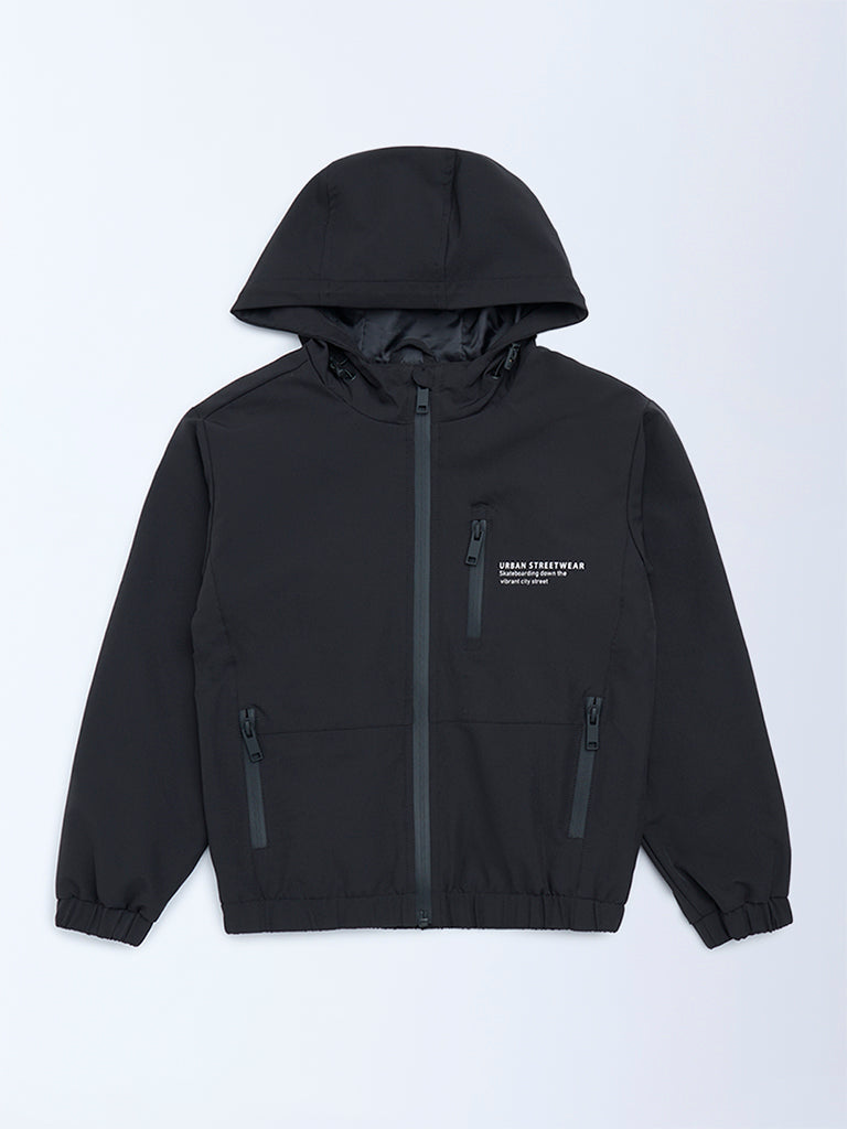 Y&F Kids Black Text Design Hooded Jacket