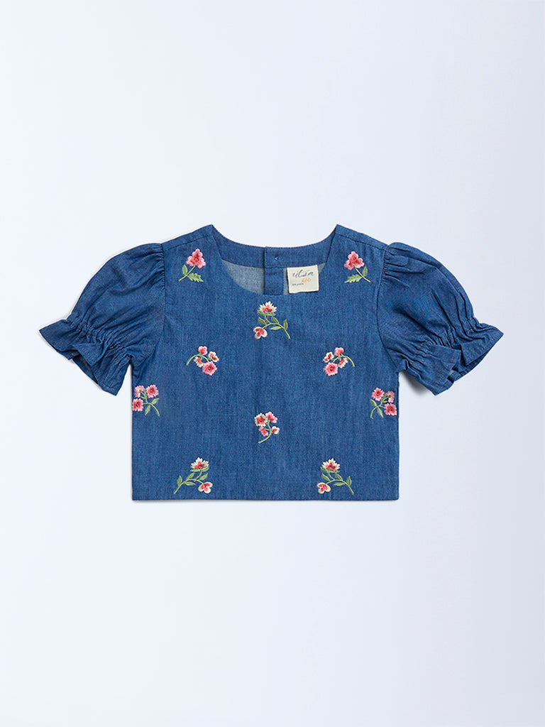 Utsa Kids Dark Blue Floral Embroidered Denim Ethnic Top - (2-8yrs)