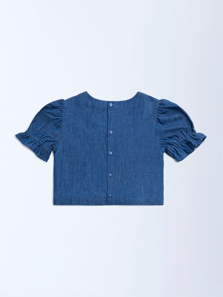Utsa Kids Dark Blue Floral Embroidered Denim Ethnic Top - (2-8yrs)