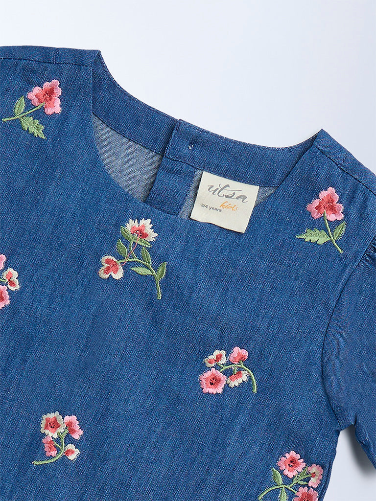 Utsa Kids Dark Blue Floral Embroidered Denim Ethnic Top - (2-8yrs)