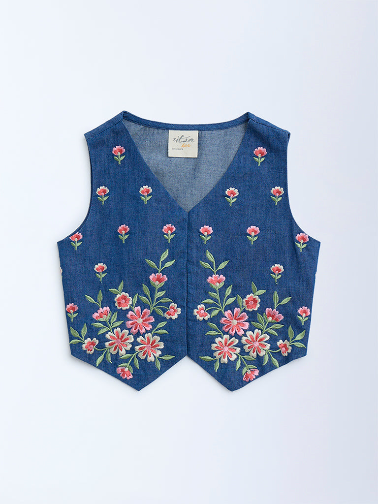 Utsa Kids Dark Blue Floral Embroidered Denim Vest Top - (2-8yrs)