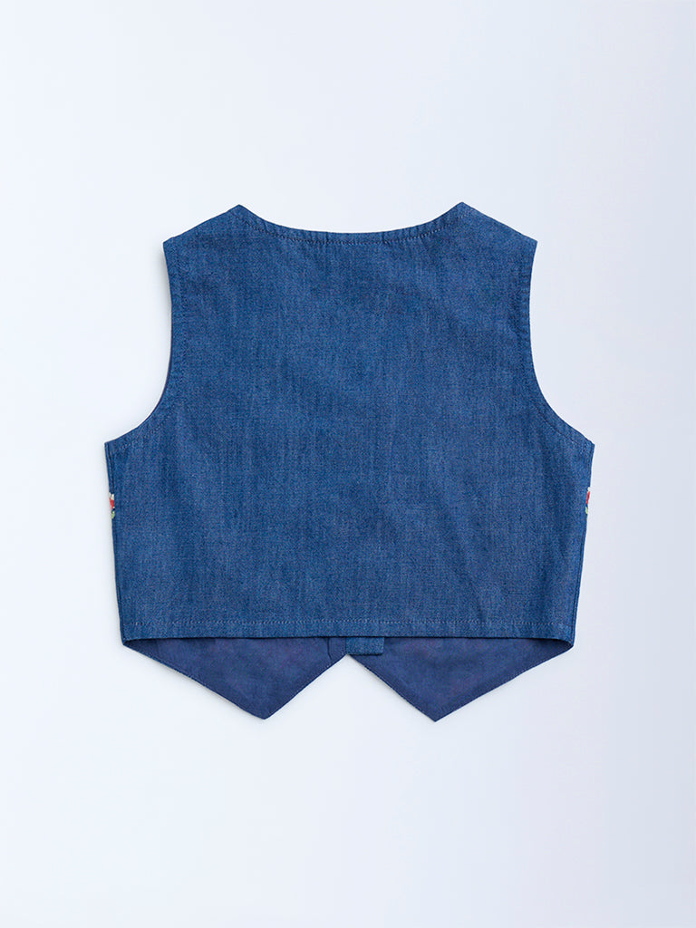 Utsa Kids Dark Blue Floral Embroidered Denim Vest Top - (2-8yrs)