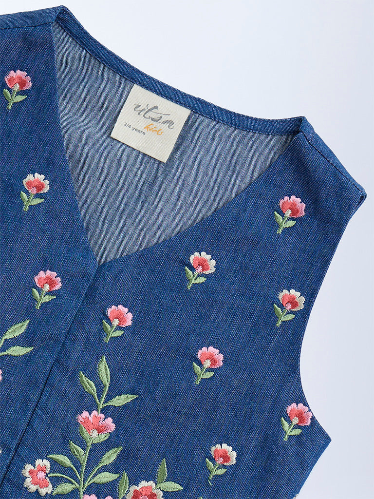 Utsa Kids Dark Blue Floral Embroidered Denim Vest Top - (2-8yrs)
