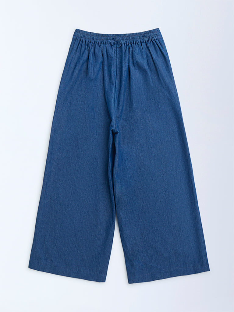 Utsa Kids Dark Blue Floral Embroidered Denim Palazzos - (8-14yrs)