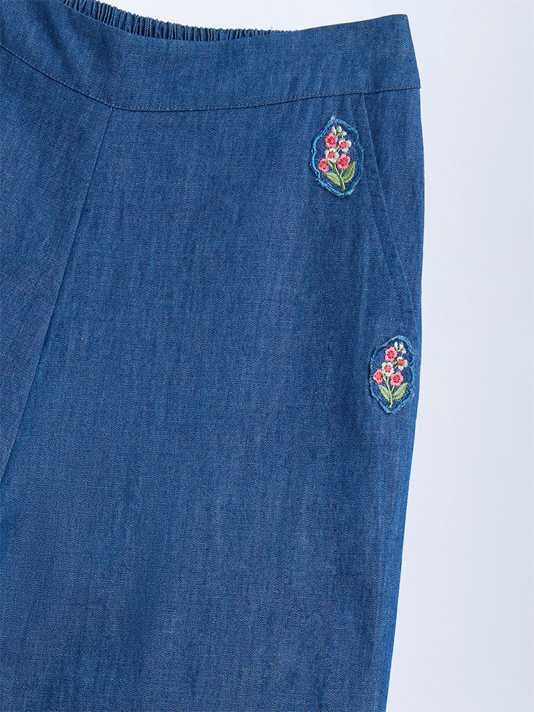 Utsa Kids Dark Blue Floral Embroidered Denim Palazzos - (8-14yrs)